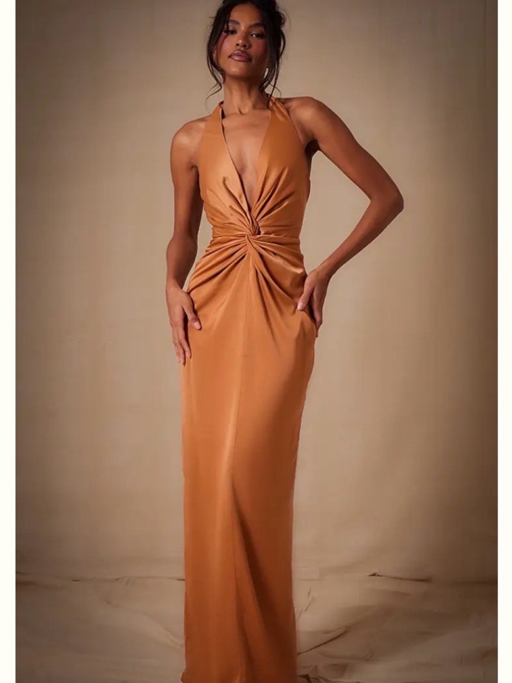PrettyLittleThing Satin Twist Plunge Halterneck Gown Maxi Dress - Copper US 6